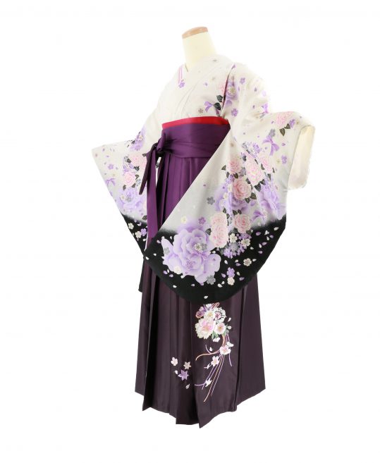 卒業式袴レンタルNo.626[ガーリー]白×黒グラデ・紫のバラ